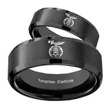 His Hers Masonic Shriners Beveled Edges Brush Black Tungsten Engraved Ring Set