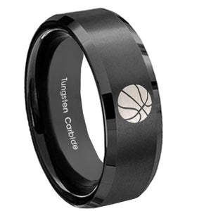 8mm Basketball Beveled Edges Brush Black Tungsten Carbide Mens Wedding Band