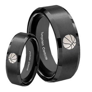 His Hers Basketball Beveled Edges Brush Black Tungsten Custom Ring for Men Set