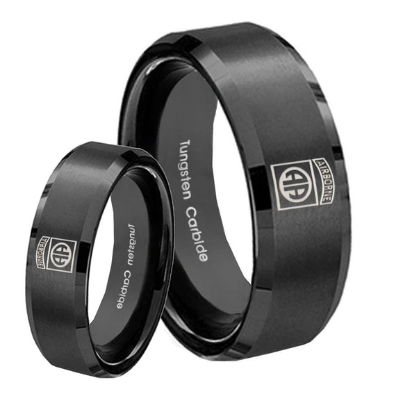 His Hers Army Airborn Beveled Edges Brush Black Tungsten Engagement Ring Set