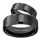 His Hers Army Airborn Beveled Edges Brush Black Tungsten Engagement Ring Set