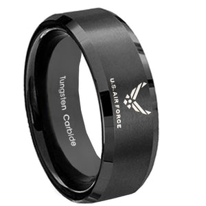 8MM Brush Black Beveled Edges US Air Force Tungsten Laser Engraved Ring