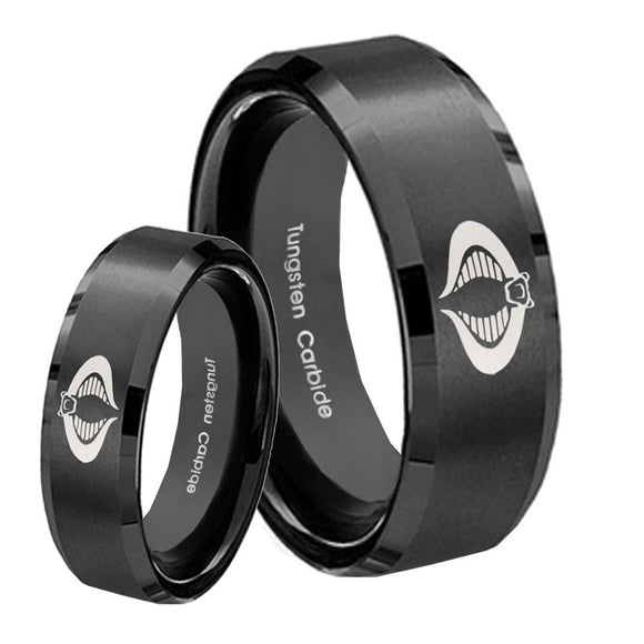 His and Hers Cobra Beveled Edges Brush Black Tungsten Men's Bands Ring Set