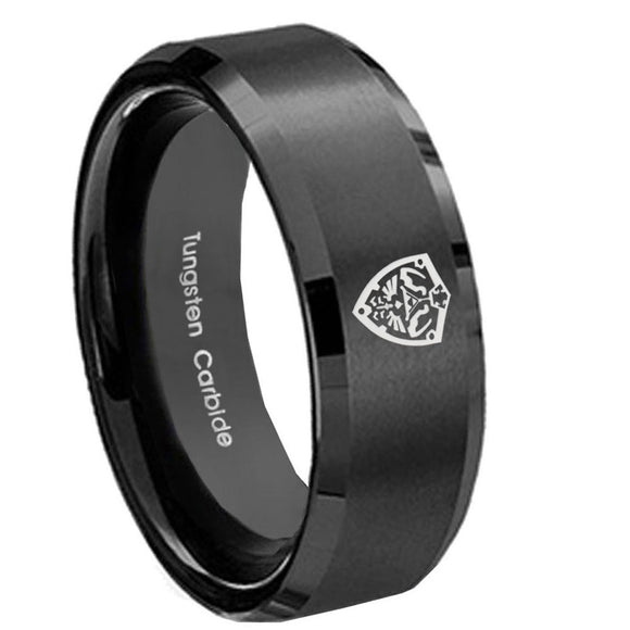8mm Zelda Hylian Shield Beveled Edges Brush Black Tungsten Wedding Band Ring