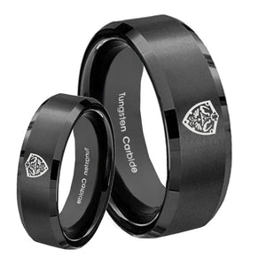 His Hers Zelda Hylian Shield Beveled Brush Black Tungsten Men's Band Set