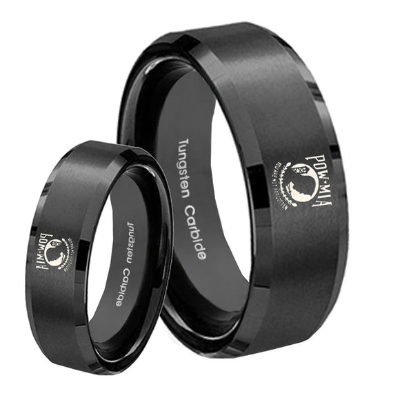 His Hers Military Pow Beveled Edges Brush Black Tungsten Men's Ring Set