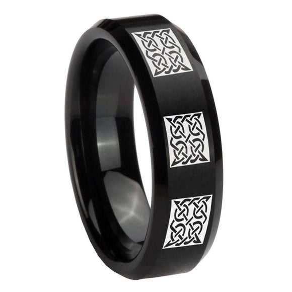 8mm Multiple Celtic Beveled Edges Brush Black Tungsten Personalized Ring