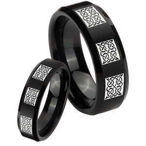 His Hers Multiple Celtic Beveled Edges Brush Black Tungsten Men's Band Ring Set