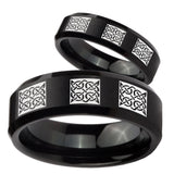 His Hers Multiple Celtic Beveled Edges Brush Black Tungsten Men's Band Ring Set