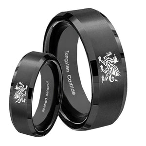 His Hers Dragon Beveled Edges Brush Black Tungsten Mens Promise Ring Set