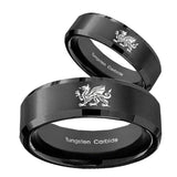 His Hers Dragon Beveled Edges Brush Black Tungsten Mens Promise Ring Set