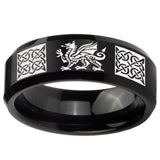 8mm Multiple Dragon Celtic Beveled Edges Brush Black Tungsten Carbide Mens Ring