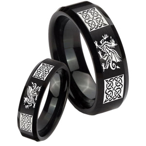 His Hers Multiple Dragon Celtic Beveled Brush Black Tungsten Mens Ring Set