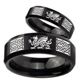 His Hers Multiple Dragon Celtic Beveled Brush Black Tungsten Mens Ring Set