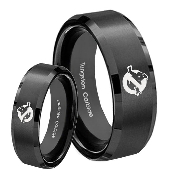 His Hers Ghostbusters Beveled Edges Brush Black Tungsten Men's Promise Rings Set