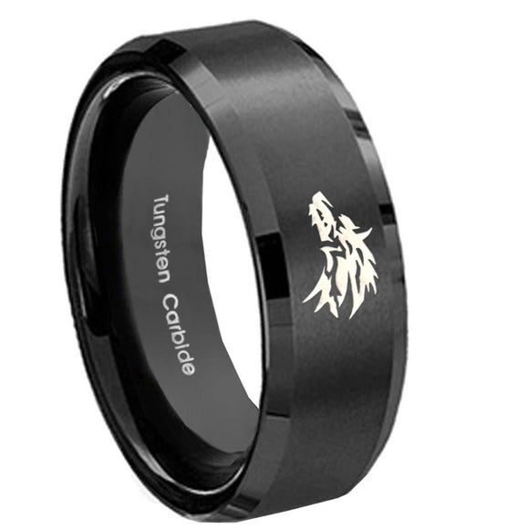 8mm Wolf Beveled Edges Brush Black Tungsten Carbide Bands Ring