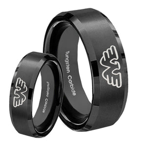 His Hers Waylon Jennings Beveled Edges Brush Black Tungsten Ring Set