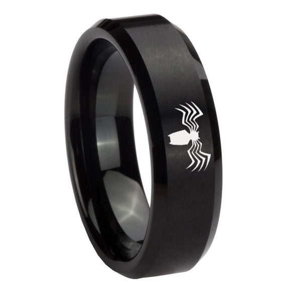 8mm Spider Beveled Edges Brush Black Tungsten Carbide Men's Ring