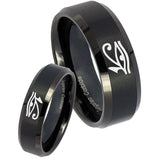 His Hers Seeing Eye Beveled Edges Brush Black Tungsten Custom Ring for Men Set