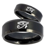 His Hers Seeing Eye Beveled Edges Brush Black Tungsten Custom Ring for Men Set