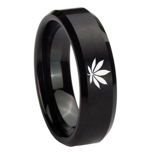 10mm Marijuana Leaf Beveled Edges Brush Black Tungsten Carbide Custom Mens Ring