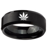 10mm Marijuana Leaf Beveled Edges Brush Black Tungsten Carbide Custom Mens Ring