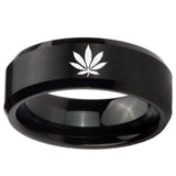 8mm Marijuana Leaf Beveled Edges Brush Black Tungsten Carbide Bands Ring