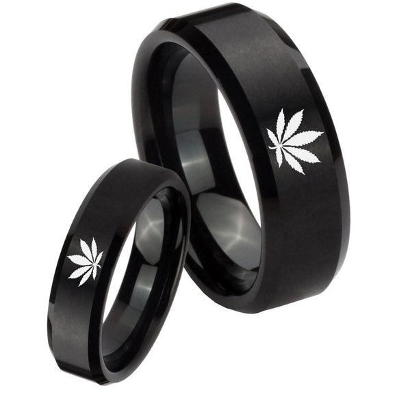 His Hers Marijuana Leaf Beveled Edges Brush Black Tungsten Engagement Ring Set