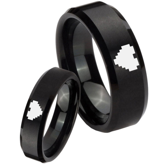 His Her Black Brush Beveled Zelda Heart Tungsten Carbide Wedding Rings Set