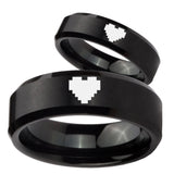 His Her Black Brush Beveled Zelda Heart Tungsten Carbide Wedding Rings Set