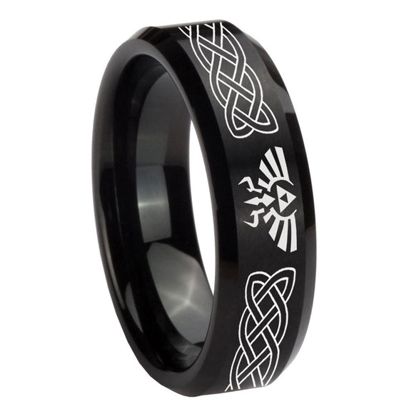 10mm Celtic Zelda Beveled Edges Brush Black Tungsten Custom Ring for Men