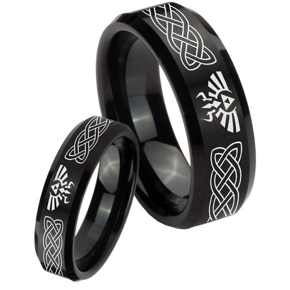 His Hers Celtic Zelda Beveled Edges Brush Black Tungsten Engraved Ring Set
