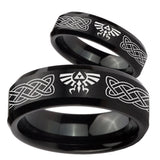 His Hers Celtic Zelda Beveled Edges Brush Black Tungsten Engraved Ring Set