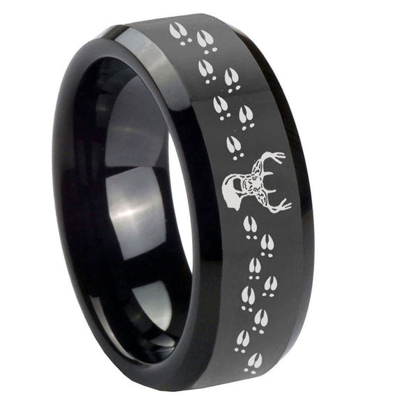 8mm Deer Antler Beveled Edges Brush Black Tungsten Mens Engagement Ring