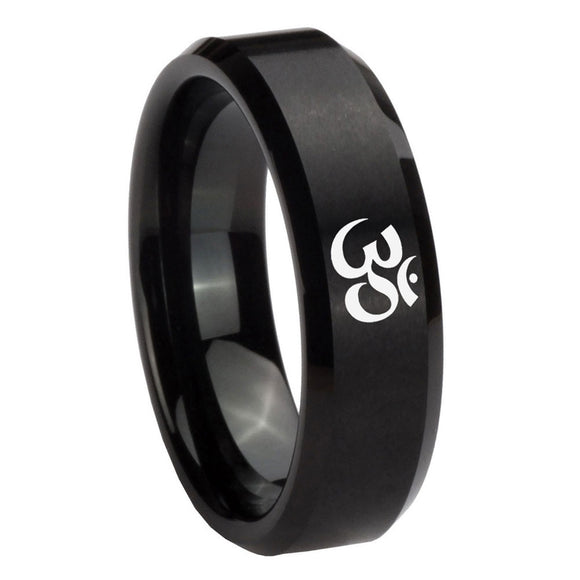 8mm Om Aum Yoga  Beveled Edges Brush Black Tungsten Carbide Engraved Ring