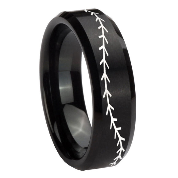 10mm Baseball Stitch Beveled Edges Brush Black Tungsten Carbide Men's Band Ring