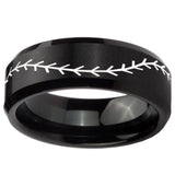 10mm Baseball Stitch Beveled Edges Brush Black Tungsten Carbide Men's Band Ring