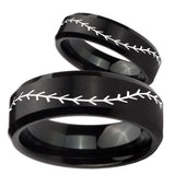 His Hers Baseball Stitch Beveled Edges Brush Black Tungsten Men's Bands Ring Set