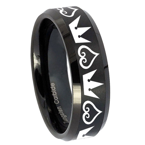 10mm Hearts and Crowns Beveled Edges Brush Black Tungsten Mens Bands Ring