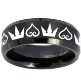 10mm Hearts and Crowns Beveled Edges Brush Black Tungsten Mens Bands Ring