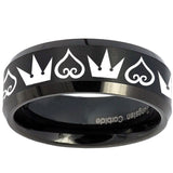 8mm Hearts and Crowns Beveled Edges Brush Black Tungsten Men's Band Ring