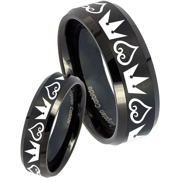 His Hers Hearts and Crowns Beveled Brush Black Tungsten Mens Engagement Band Set