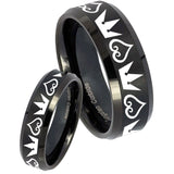 His Hers Hearts and Crowns Beveled Brush Black Tungsten Mens Engagement Band Set