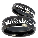 His Hers Hearts and Crowns Beveled Brush Black Tungsten Mens Engagement Band Set