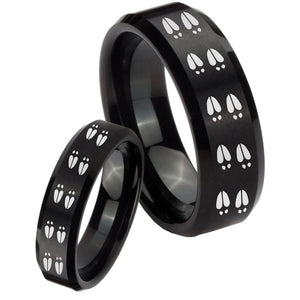 His Hers Deer Tracks Beveled Edges Brush Black Tungsten Wedding Band Mens Set