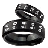 His Hers Deer Tracks Beveled Edges Brush Black Tungsten Wedding Band Mens Set