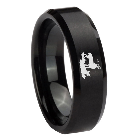 10mm Deer Hunting Beveled Edges Brush Black Tungsten Mens Engagement Ring