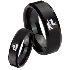 His Hers Deer Hunting Beveled Edges Brush Black Tungsten Wedding Band Ring Set