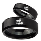 His Hers Deer Hunting Beveled Edges Brush Black Tungsten Wedding Band Ring Set