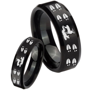 His Hers Deer Hunting Tracks Beveled Brush Black Tungsten Wedding Bands Ring Set